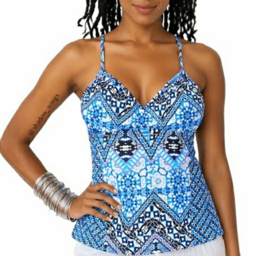 Kenneth Cole NY Blue Geometric Tankini Top -  Size Small Boho Print Swin Top